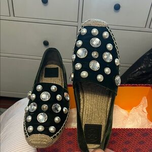 Tory Burch Dark Green Velvet Pearl & Crystal Espadrille Flats